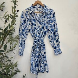 H&M Blue Floral Tie Waist Shirt Dress Long Sleeve